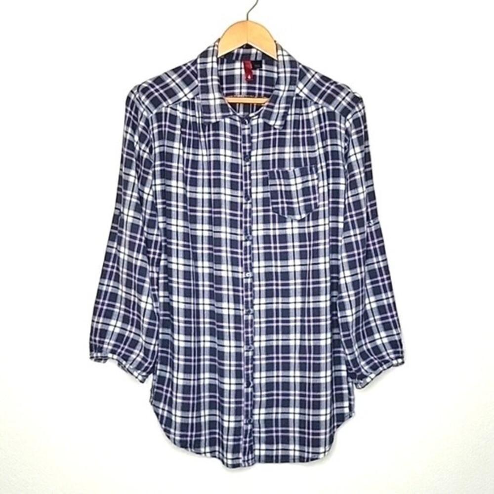 H&M DIVIDED Plaid Gray Pink Long Sleeve Button Up Shirt size 4 Pintuck Collared